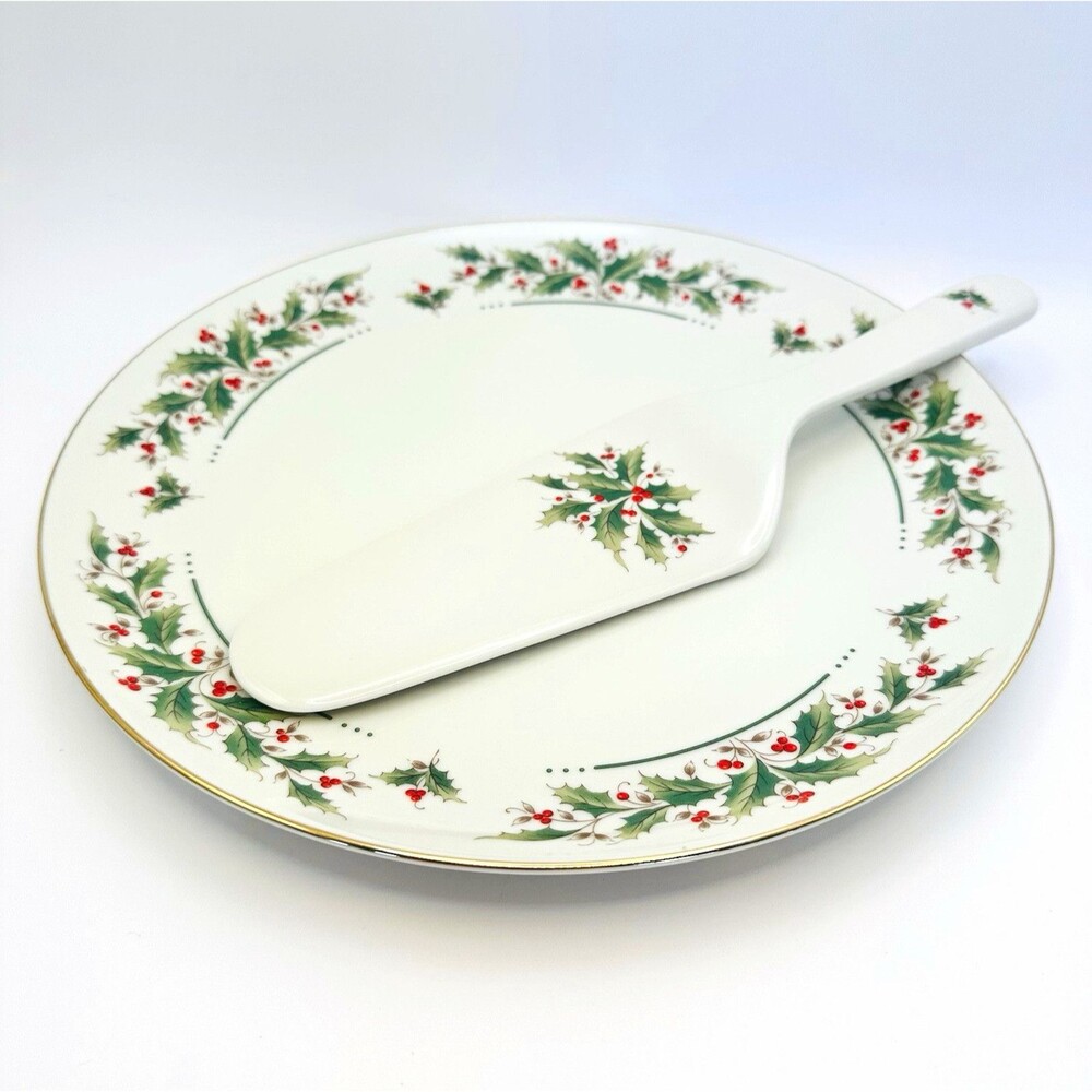 Vintage Holly Yuletide Porcelain Cake Plate & Server Set Christmas Bradlees Box